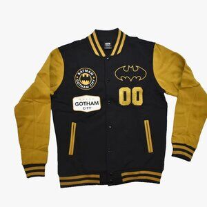 Batman Gotham City Mens Black And Yellow Fleece Varsity Jacket New Small